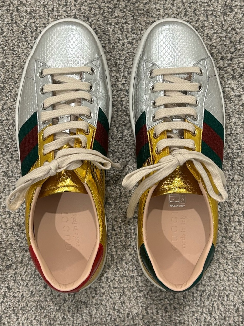 Gucci Metallic Gold & Silver Sneakers with Green-Red Web